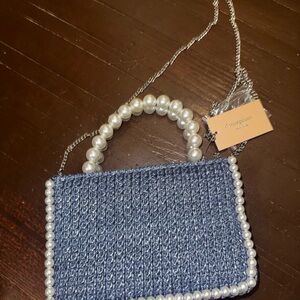 D’margeaux New York Elegant Blue Pearl-Trimmed Shoulder Bag